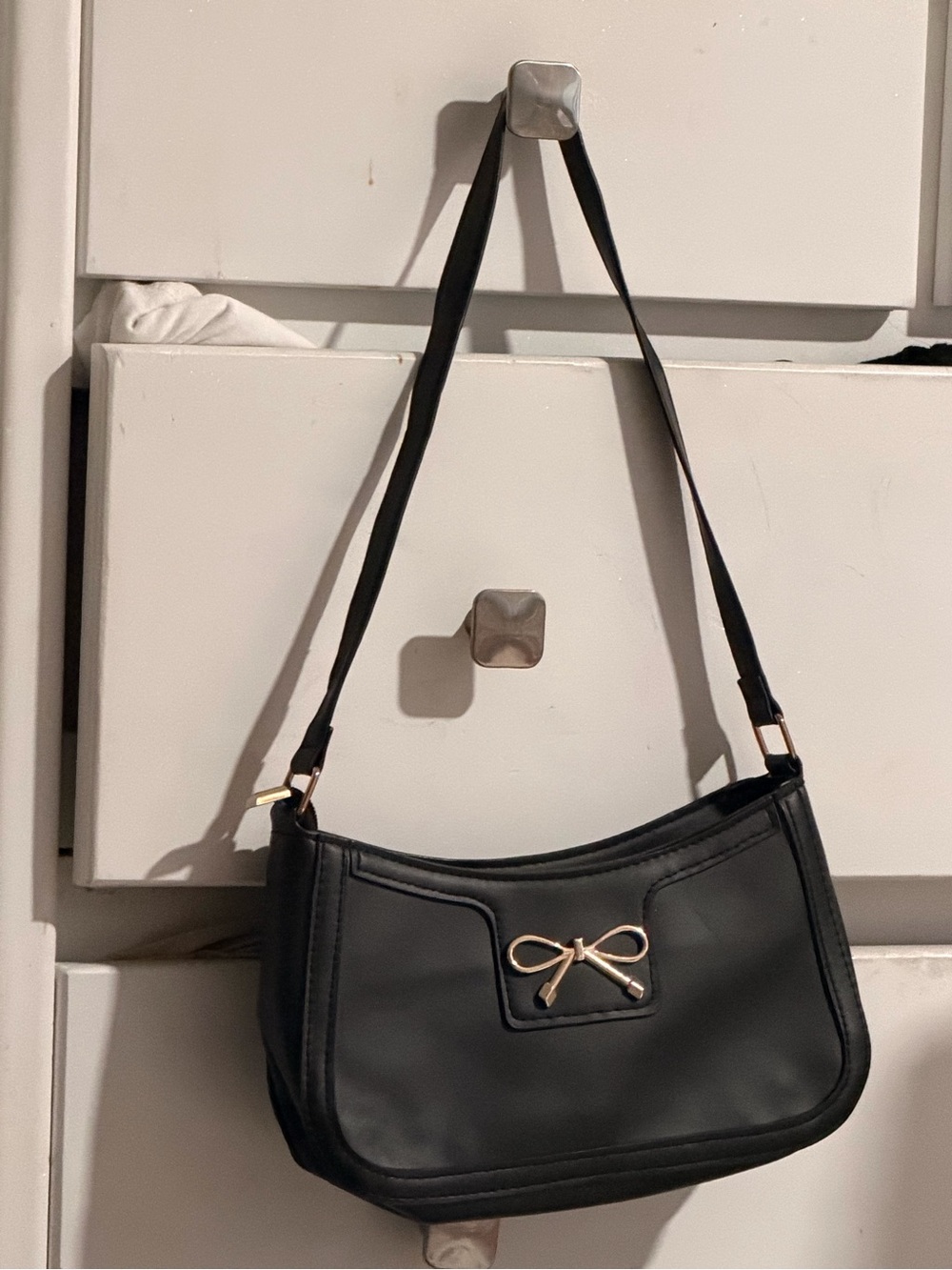 New Look Black Shoulder Bag with Gold Bow Detail